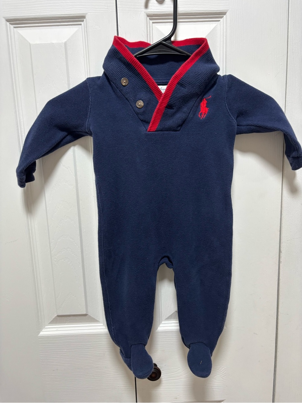 Ralph Lauren Navy One-Piece Footed Romper with Red Trim
